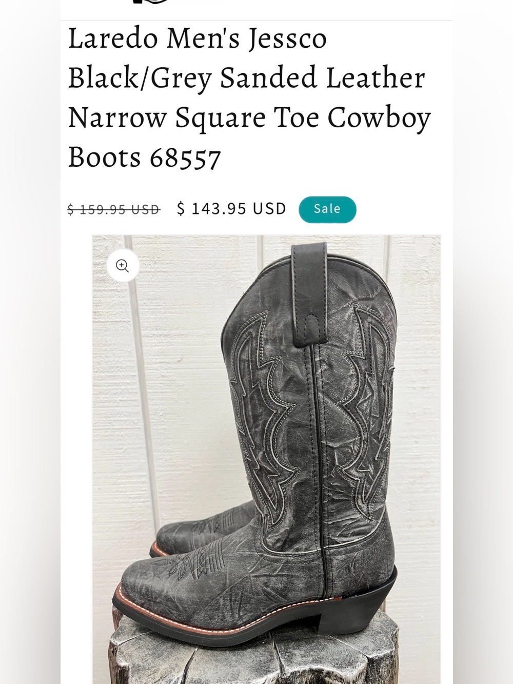 Laredo Men's Jessco Leather Square Toe Cowboy Boots - Sanded Black - 68557 Sz 9D - Picture 12 of 14